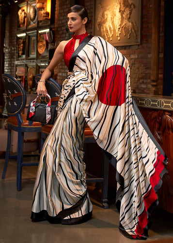 Daisy White Designer Satin Crepe Printed Saree : Top Pick Clothsvilla