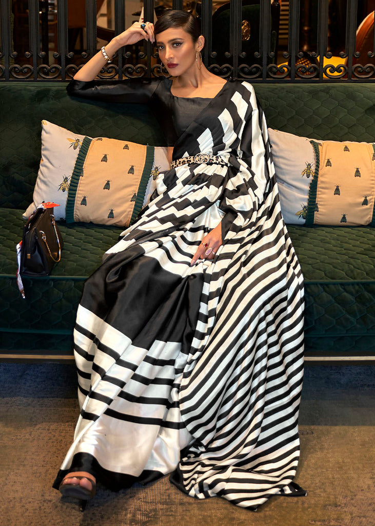 White & Black Designer Satin Crepe Printed Saree : Top Pick Clothsvilla