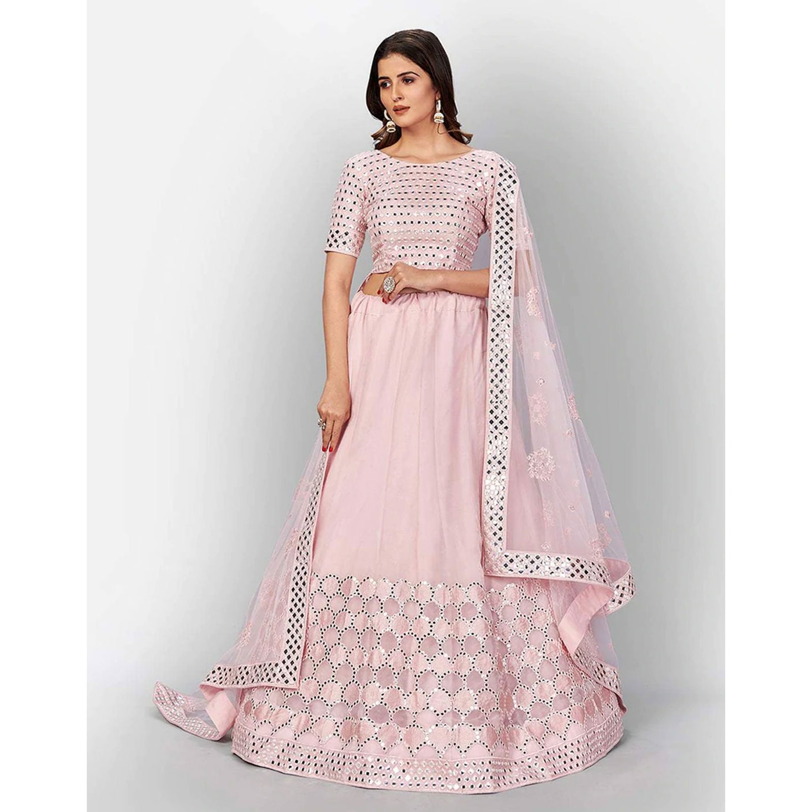 Baby Pink Thread and Foil Mirror Cutwork Lehenga choli ClothsVilla