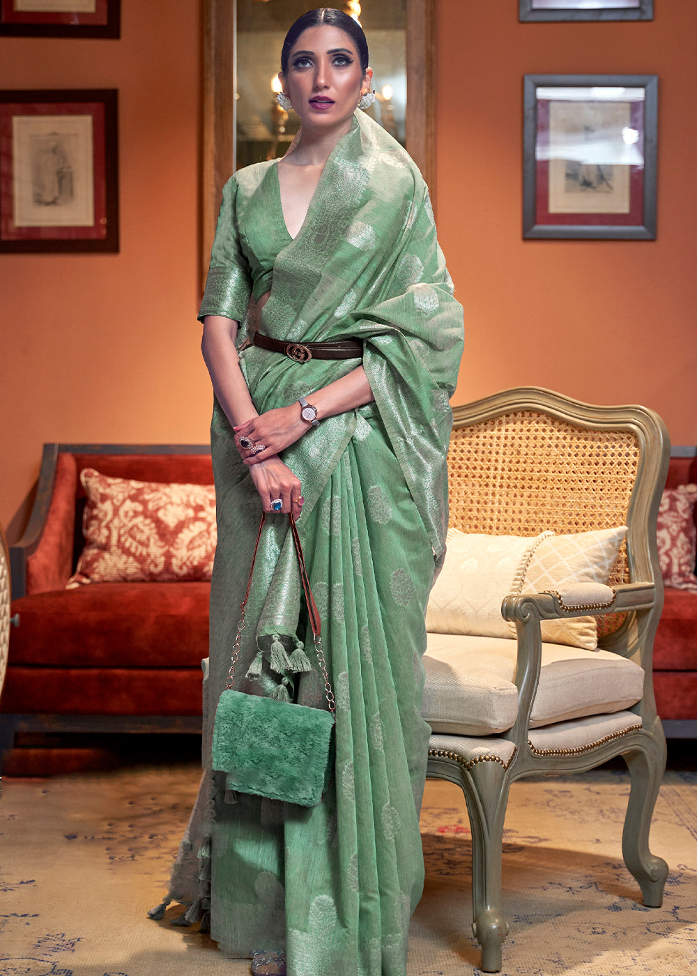 Bermuda Green Woven Linen Silk Saree Clothsvilla