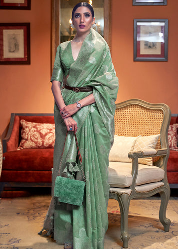 Bermuda Green Woven Linen Silk Saree Clothsvilla
