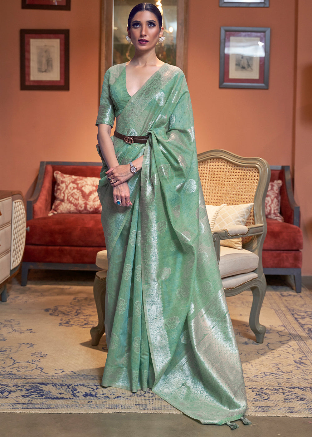 Bermuda Green Woven Linen Silk Saree Clothsvilla Main image