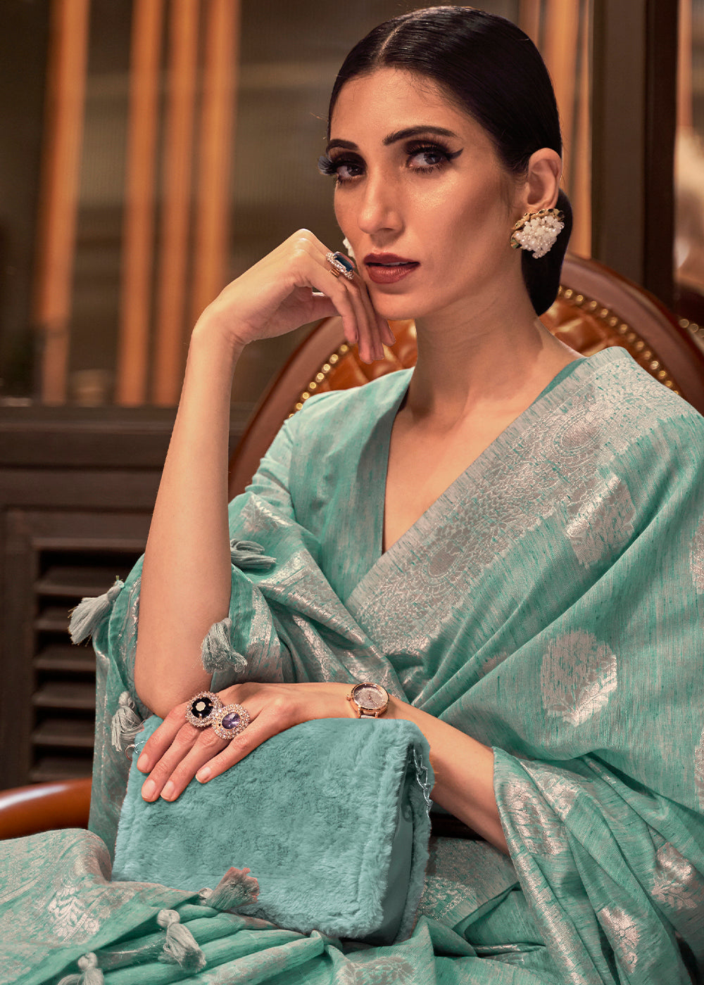 Oceanic Teal Blue Woven Linen Silk Saree Clothsvilla
