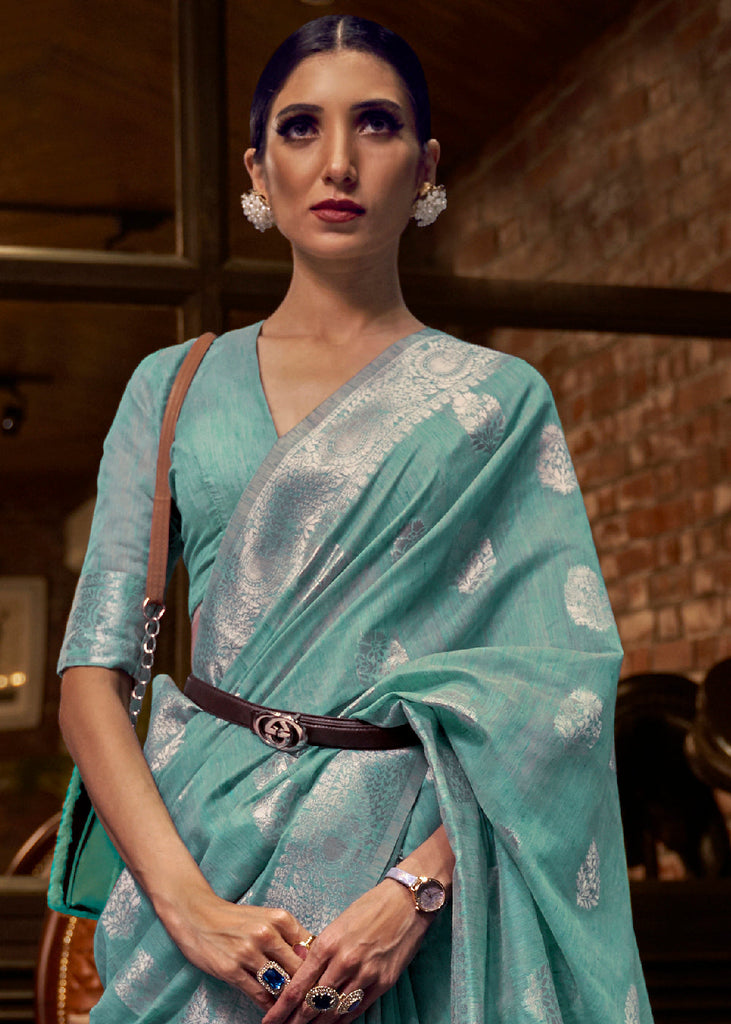 Oceanic Teal Blue Woven Linen Silk Saree Clothsvilla