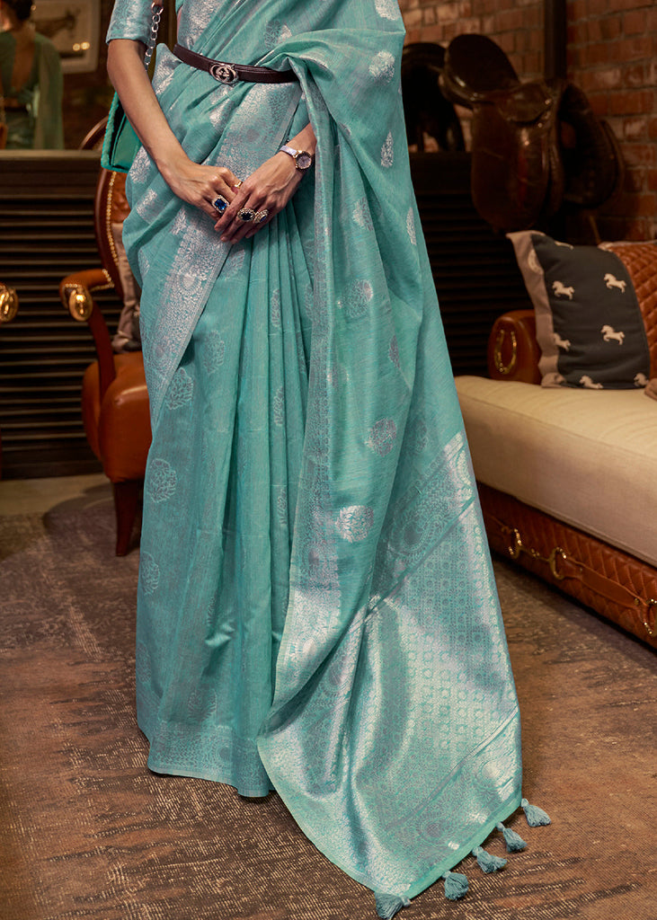 Oceanic Teal Blue Woven Linen Silk Saree Clothsvilla