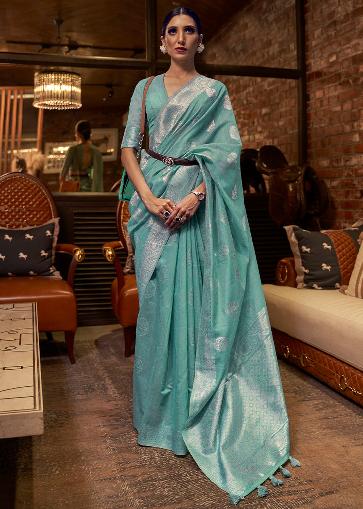 Oceanic Teal Blue Woven Linen Silk Saree Clothsvilla