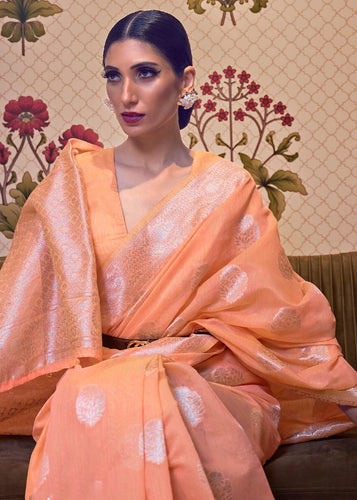 Salmon Orange Woven Linen Silk Saree Clothsvilla