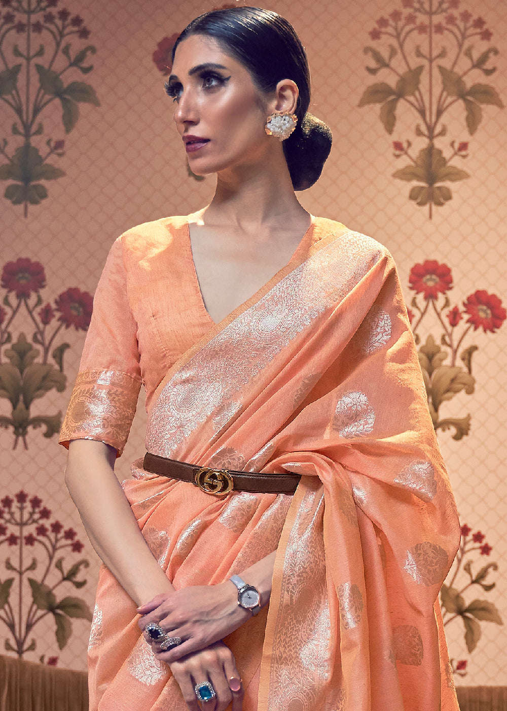 Salmon Orange Woven Linen Silk Saree Clothsvilla