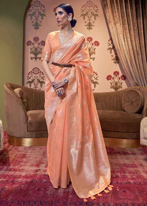 Salmon Orange Woven Linen Silk Saree Clothsvilla Main image