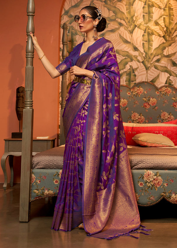 Lollipop Purple Woven Floral Banarasi Silk Saree Clothsvilla