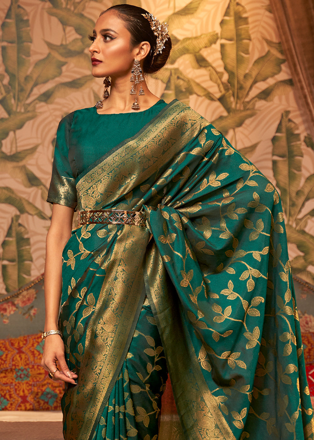 Dark Sea Green Woven Floral Banarasi Silk Saree Clothsvilla