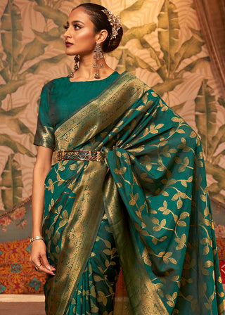 Dark Sea Green Woven Floral Banarasi Silk Saree Clothsvilla