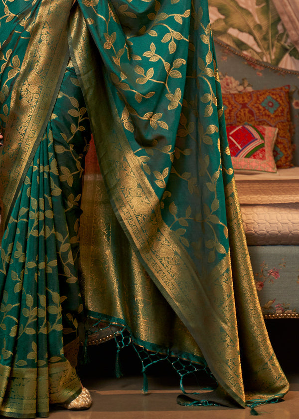 Dark Sea Green Woven Floral Banarasi Silk Saree Clothsvilla