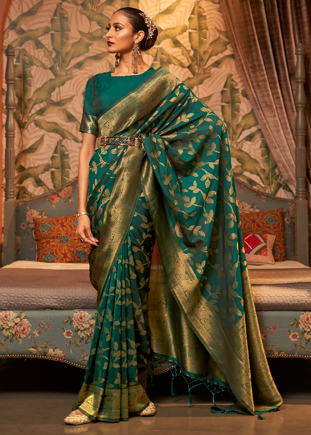 Dark Sea Green Woven Floral Banarasi Silk Saree Clothsvilla Main image