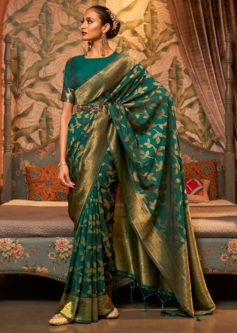 Dark Sea Green Woven Floral Banarasi Silk Saree Clothsvilla Main image