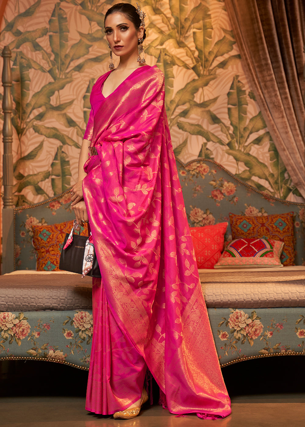 Magenta Pink Woven Floral Banarasi Silk Saree Clothsvilla Main image