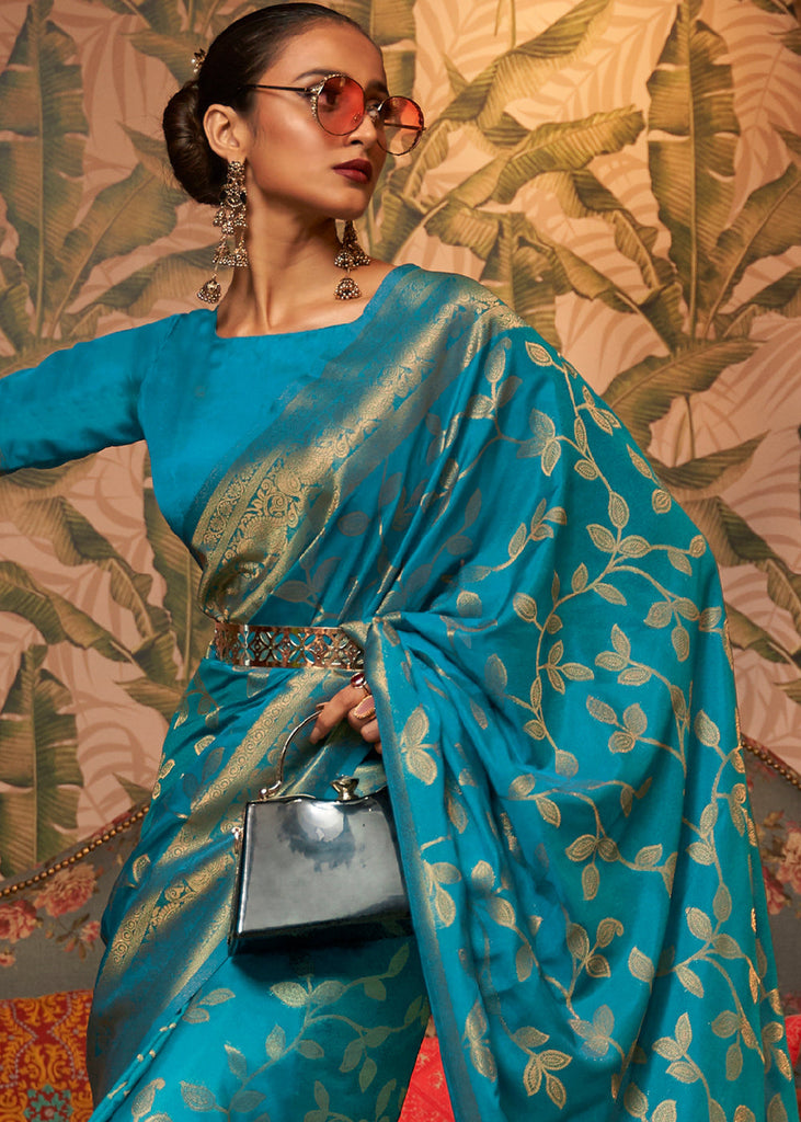 Dark Cerulean Blue Woven Floral Banarasi Silk Saree Clothsvilla