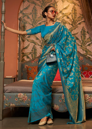 Dark Cerulean Blue Woven Floral Banarasi Silk Saree Clothsvilla