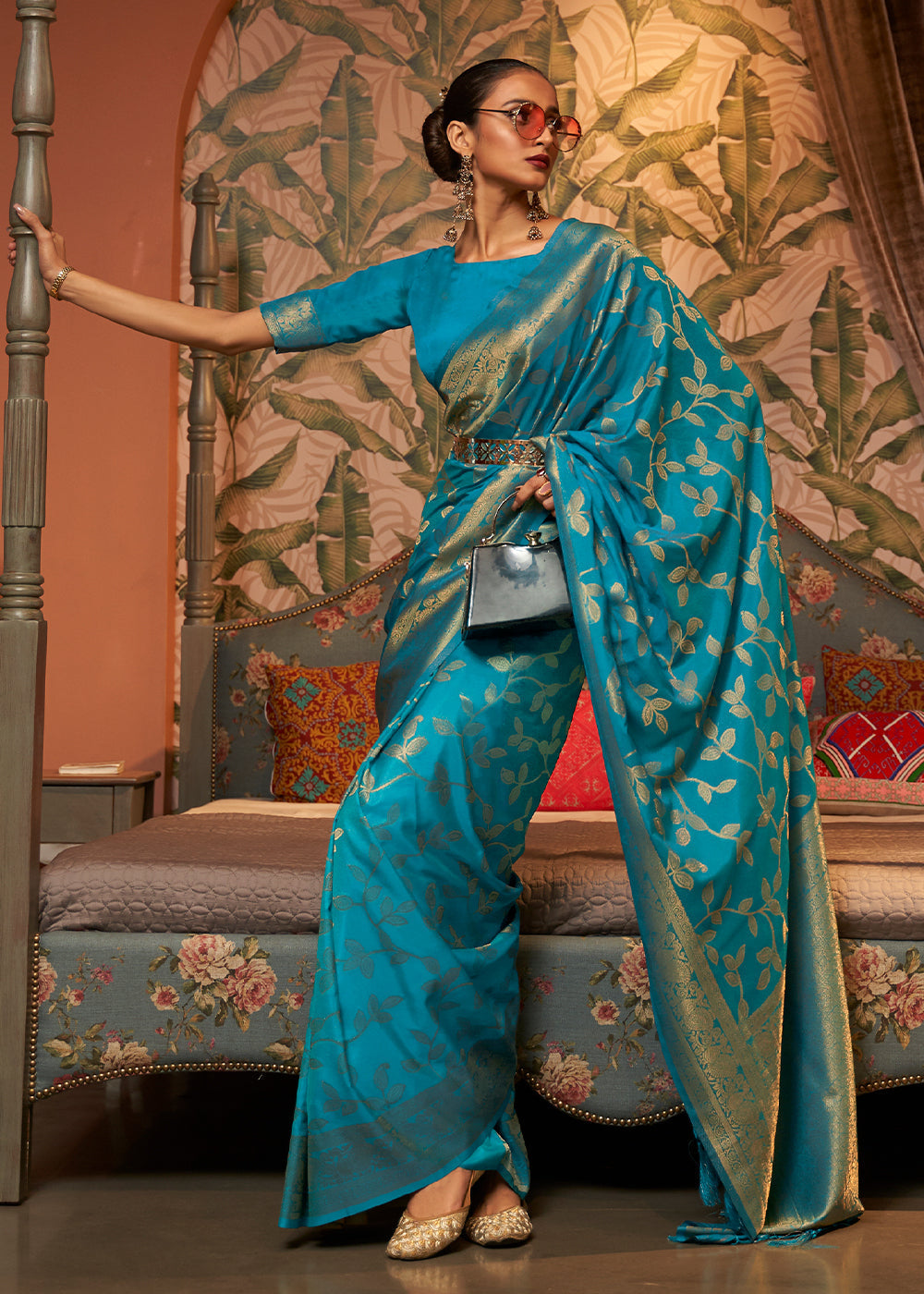 Dark Cerulean Blue Woven Floral Banarasi Silk Saree Clothsvilla