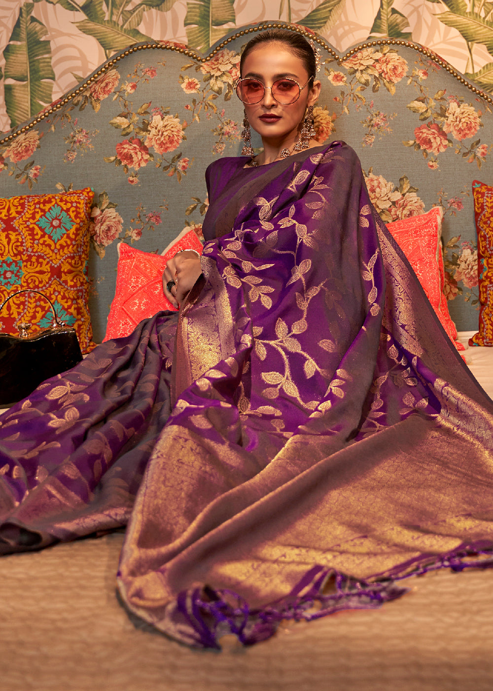 Byzantine Purple Woven Floral Banarasi Silk Saree Clothsvilla