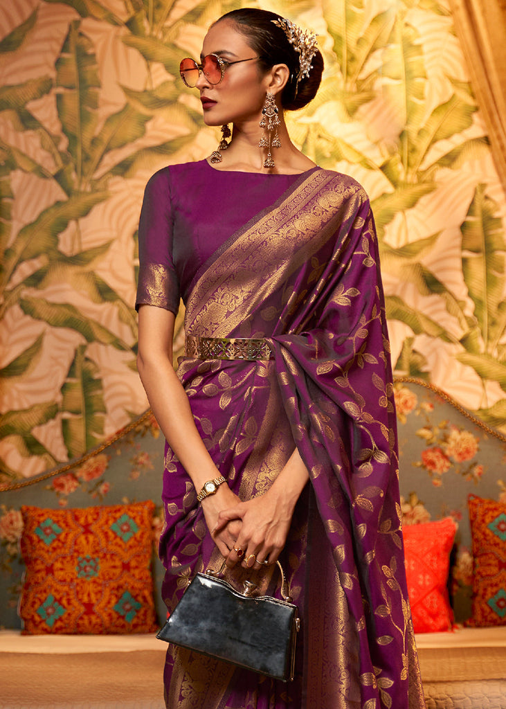 Byzantine Purple Woven Floral Banarasi Silk Saree Clothsvilla