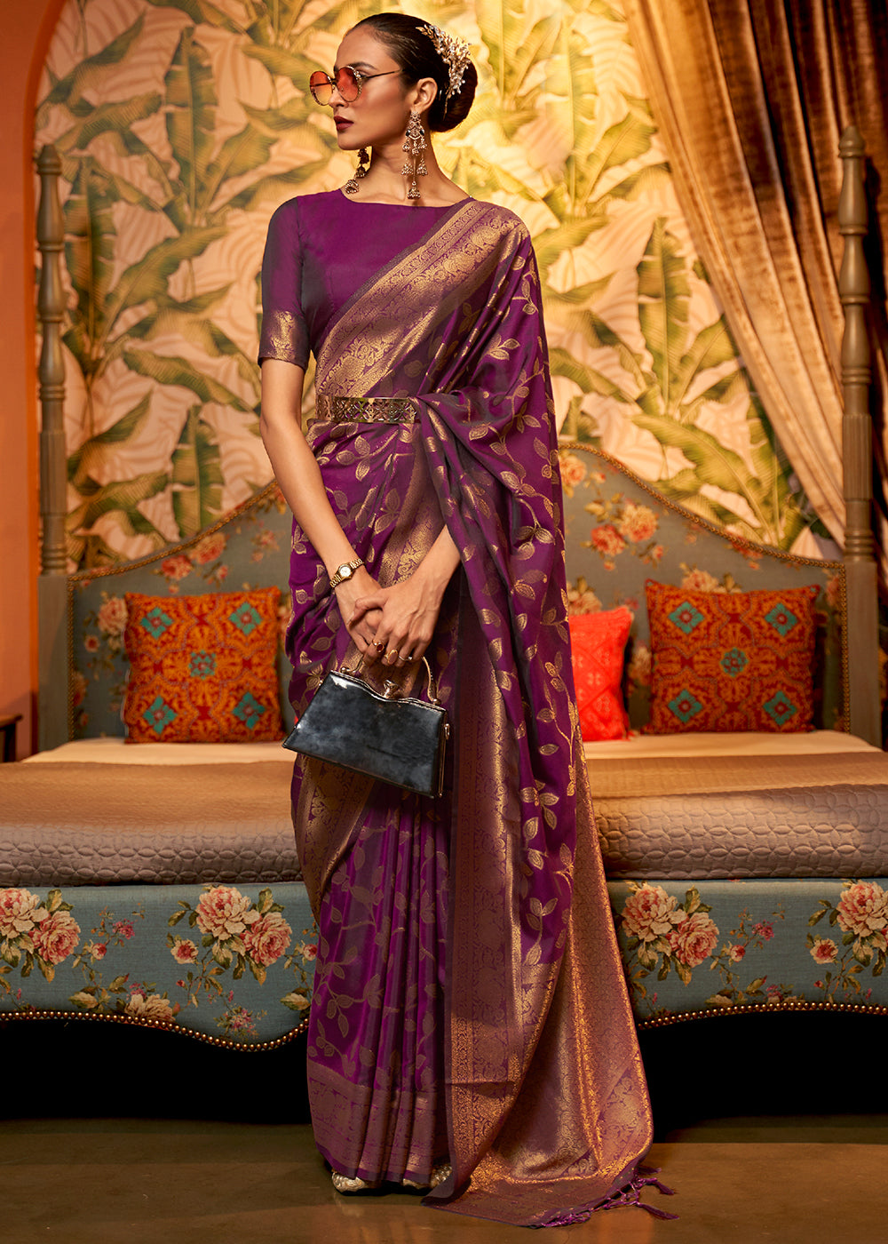 Byzantine Purple Woven Floral Banarasi Silk Saree Clothsvilla Main image