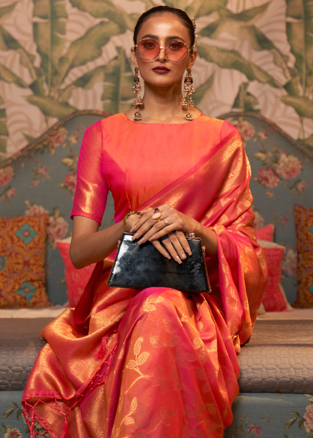 Pink & Orange Woven Floral Banarasi Silk Saree Clothsvilla