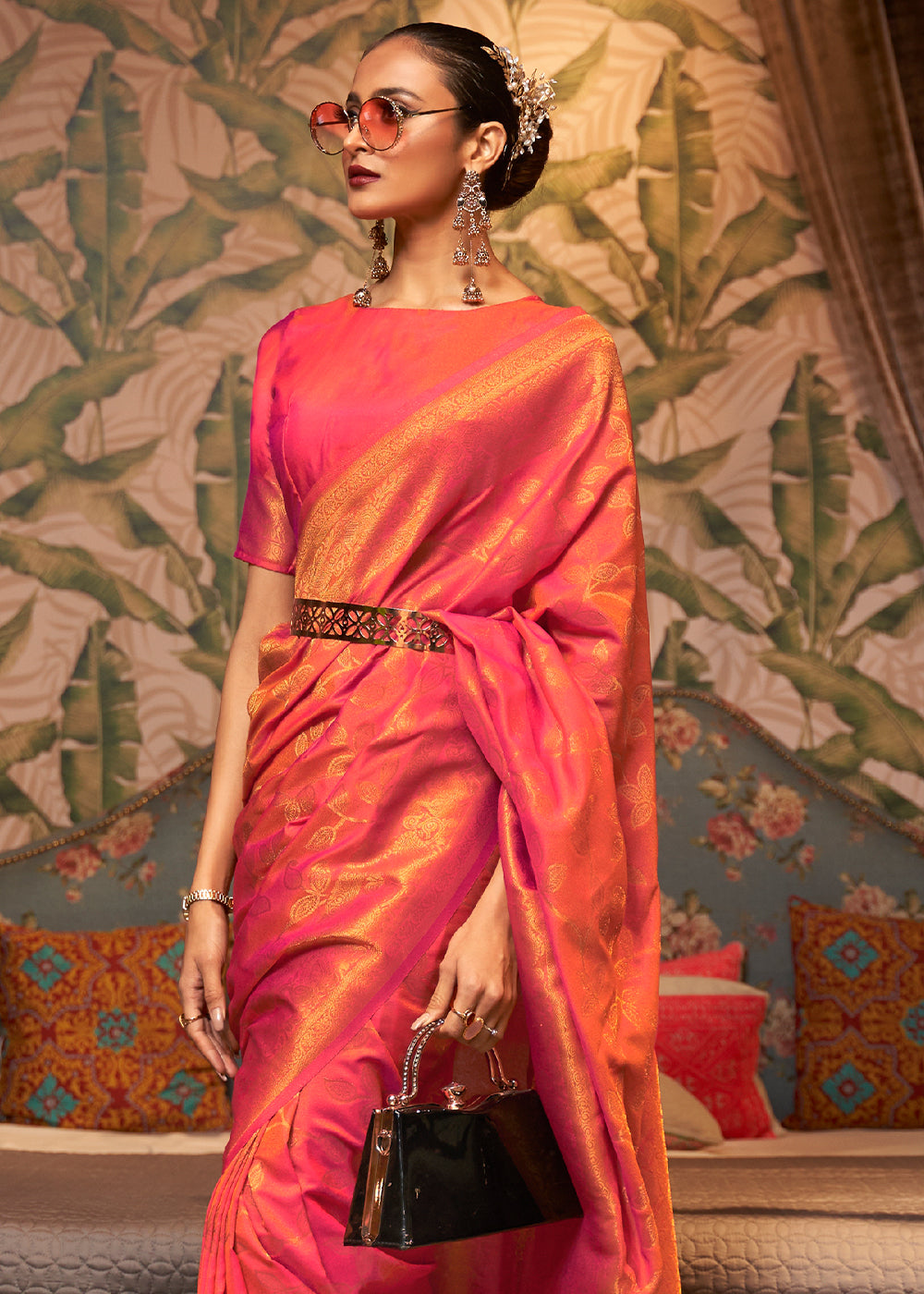 Pink & Orange Woven Floral Banarasi Silk Saree Clothsvilla