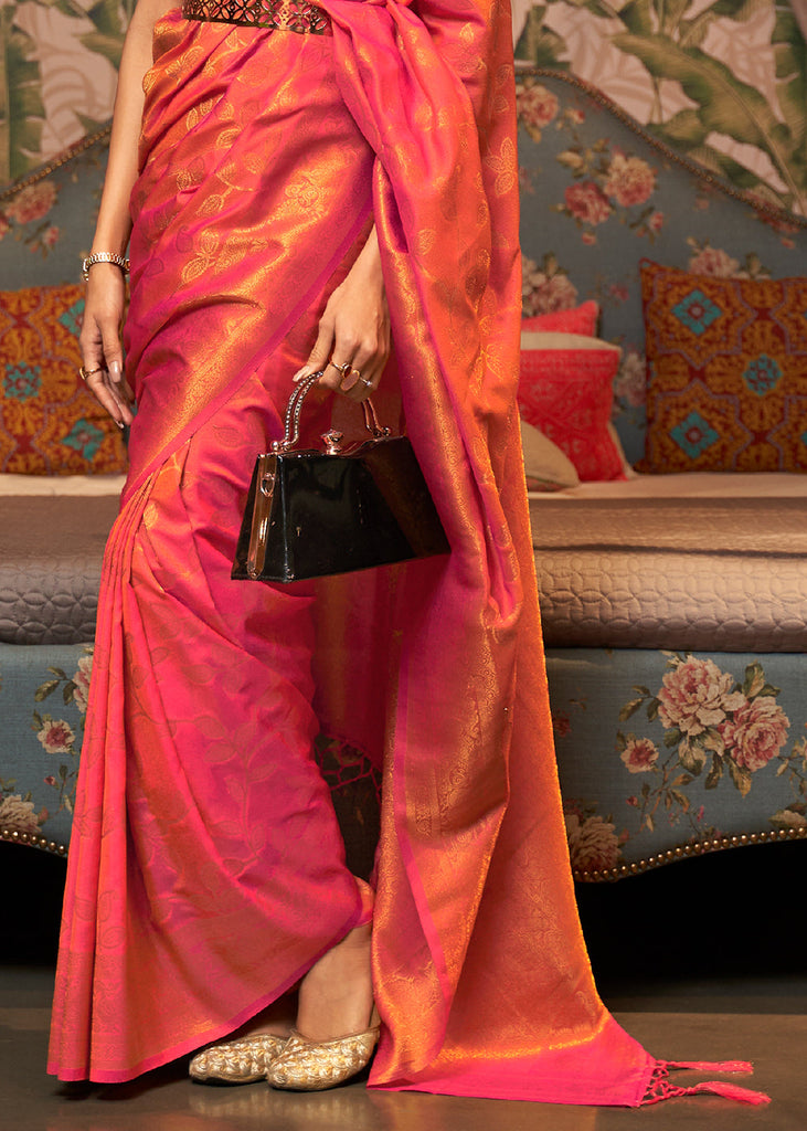 Pink & Orange Woven Floral Banarasi Silk Saree Clothsvilla