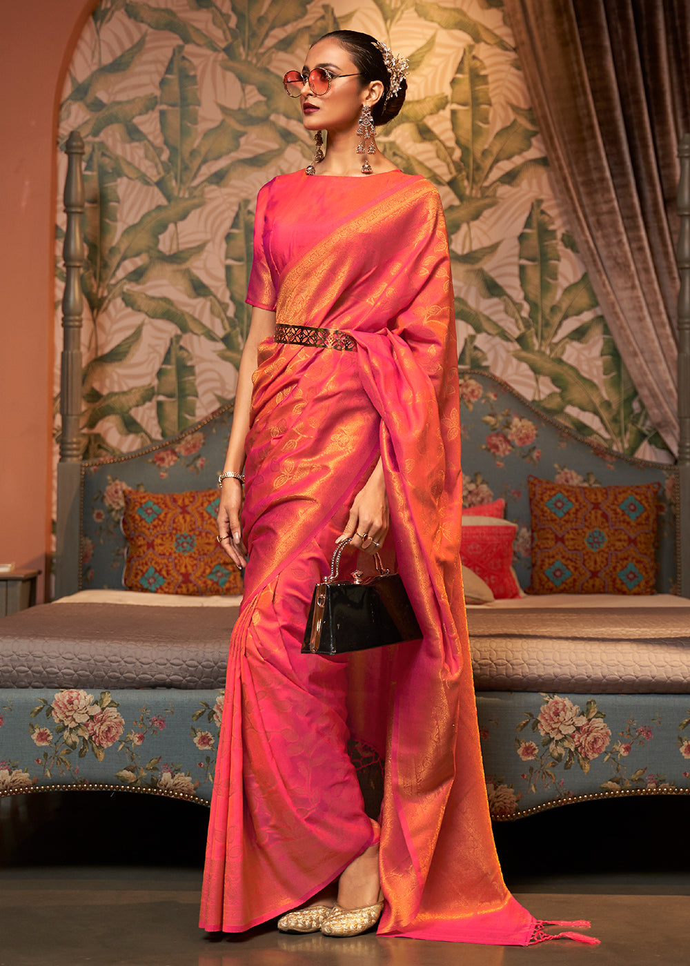 Pink & Orange Woven Floral Banarasi Silk Saree Clothsvilla Main image