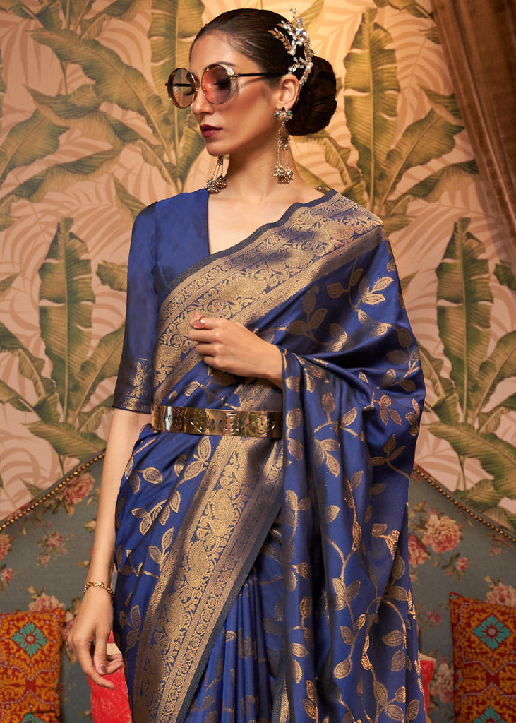 Dark Whale Blue Woven Floral Banarasi Silk Saree Clothsvilla