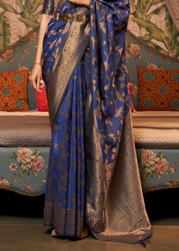 Dark Whale Blue Woven Floral Banarasi Silk Saree Clothsvilla