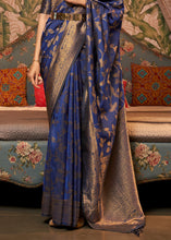 Load image into Gallery viewer, Dark Whale Blue Woven Floral Banarasi Silk Saree Clothsvilla