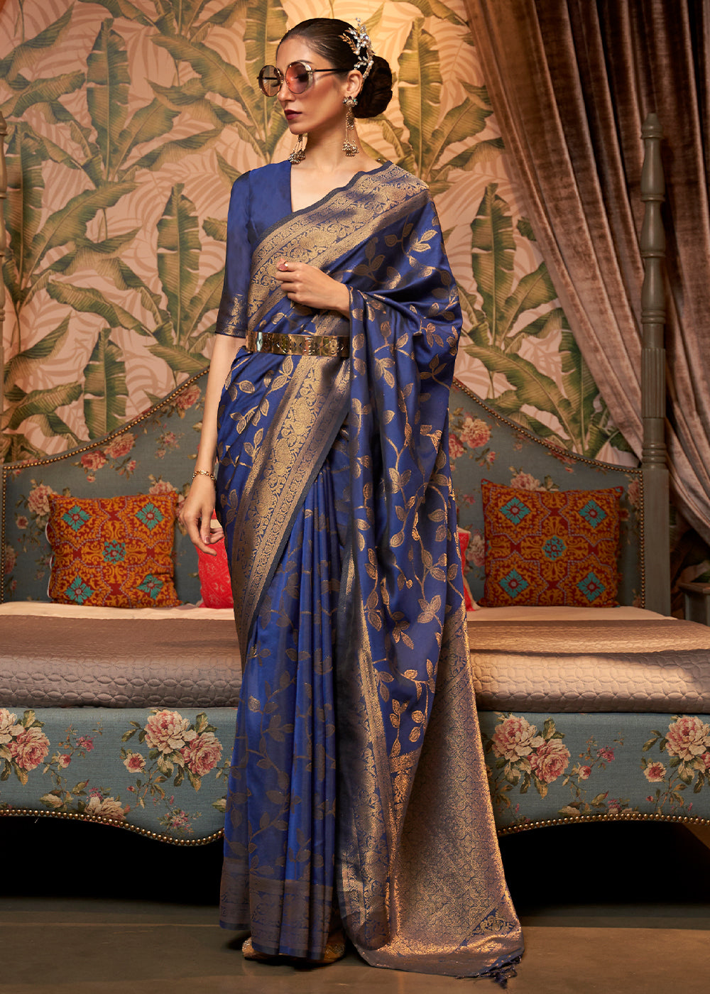 Dark Whale Blue Woven Floral Banarasi Silk Saree Clothsvilla Main image