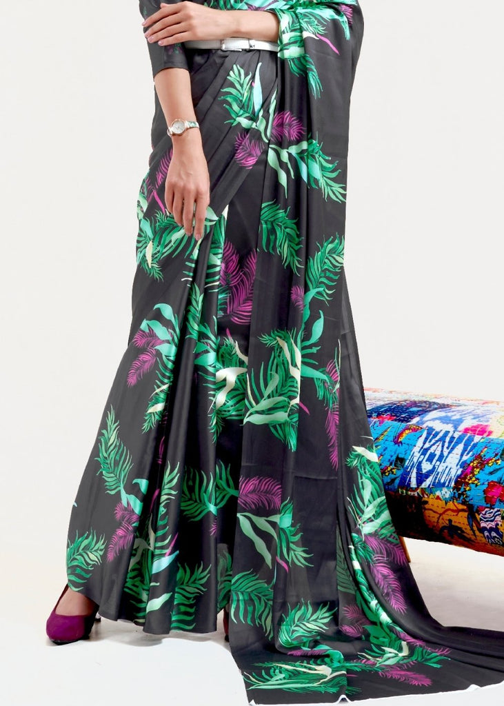 Ebony Black Digital Printed Satin Crepe Saree Clothsvilla