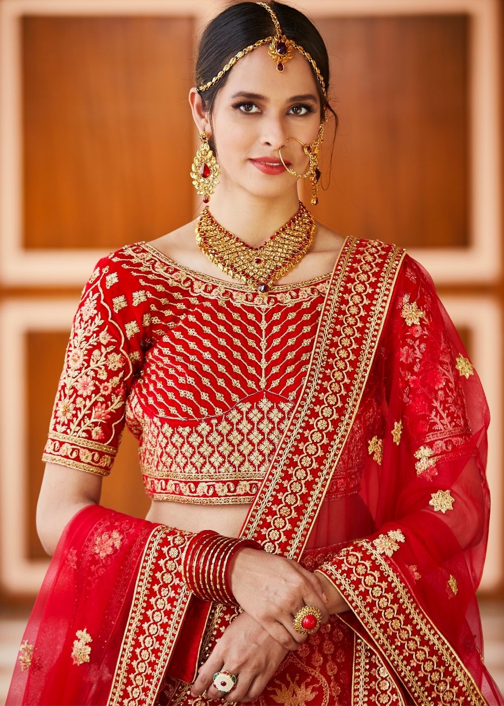 Crimson Red Velvet  Bridal Lehenga Choli with Embroidery & Hand work Clothsvilla