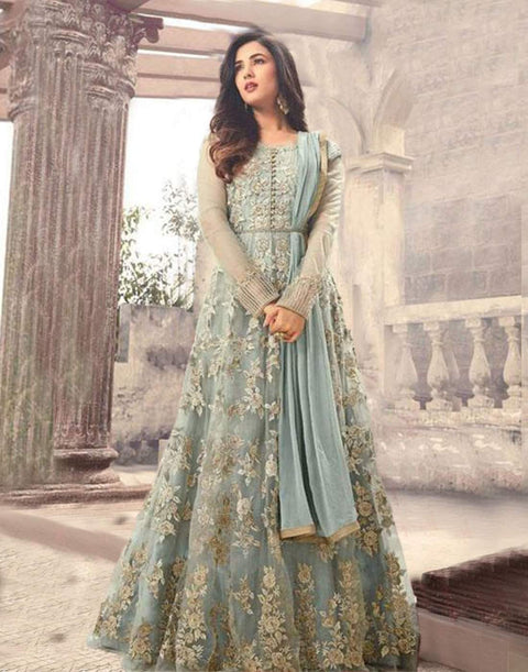 Grey Net Designer Gown with Heavy Embroidery And Stone Work ClothsVilla Main image