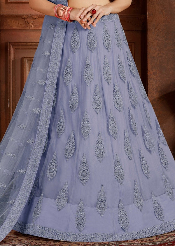Steel Blue Soft Net Lehenga Choli with Thread, Zarkan & Pearl work Clothsvilla