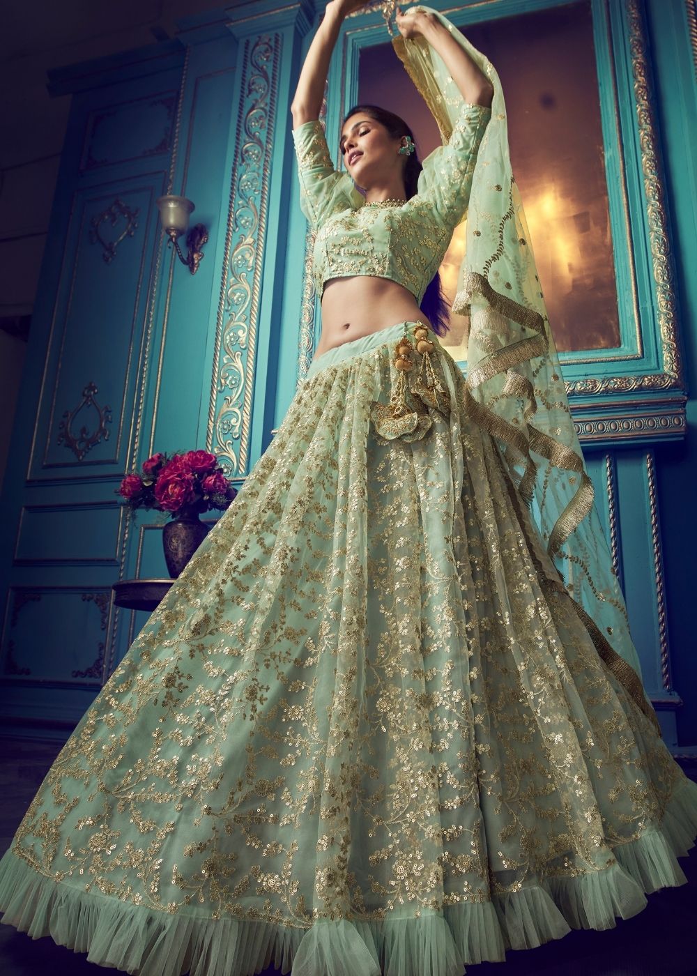 Mint Green Designer Soft Net Lehenga Choli with Ruffles and Sequin, Dori work Clothsvilla