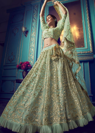 Mint Green Designer Soft Net Lehenga Choli with Ruffles and Sequin, Dori work Clothsvilla