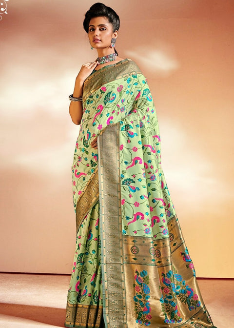 Mint Green Woven Banarasi Paithani Silk Saree Clothsvilla Main image