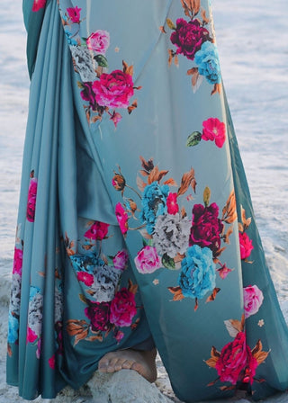Turkish Blue Digital Printed Crepe Silk Saree Clothsvilla
