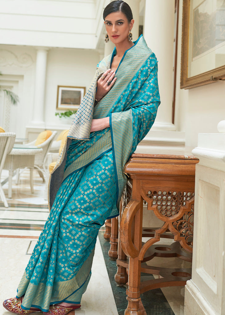 Cerulean Blue Handloom Patola Weave Silk Saree Clothsvilla