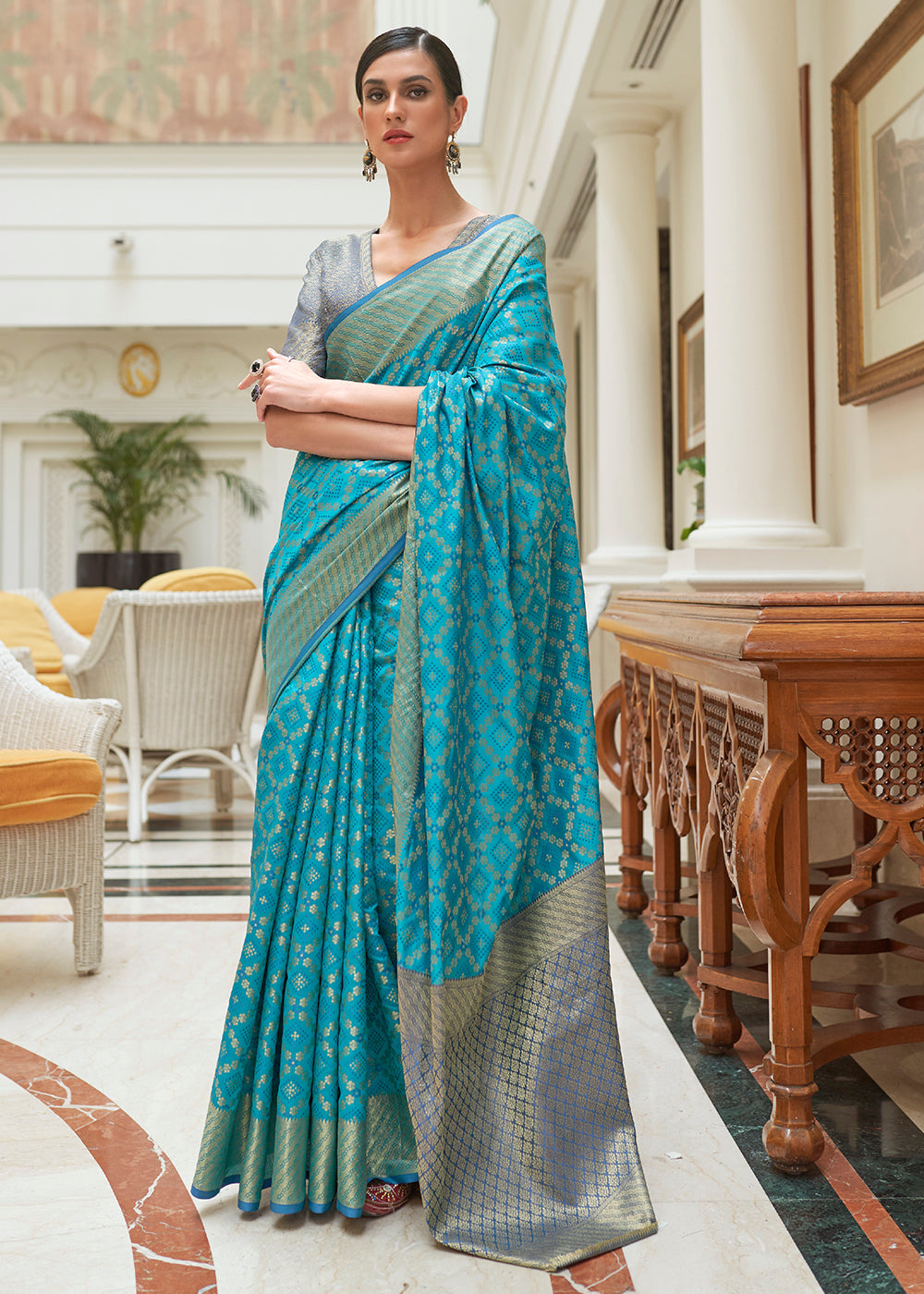 Cerulean Blue Handloom Patola Weave Silk Saree Clothsvilla Main image