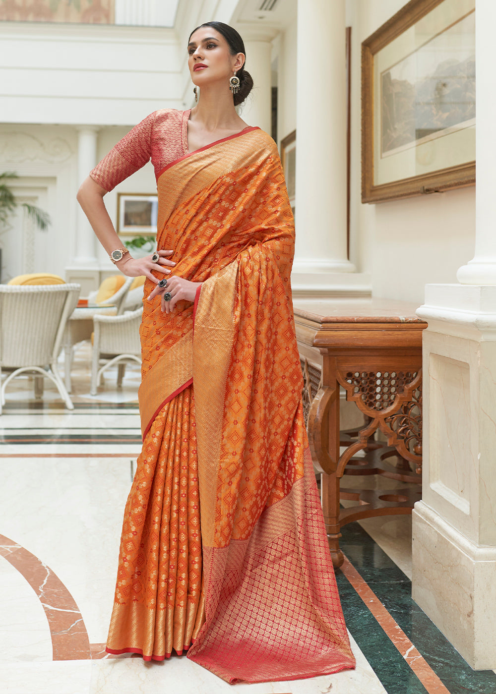 Peel Orange Handloom Patola Weave Silk Saree Clothsvilla Main image