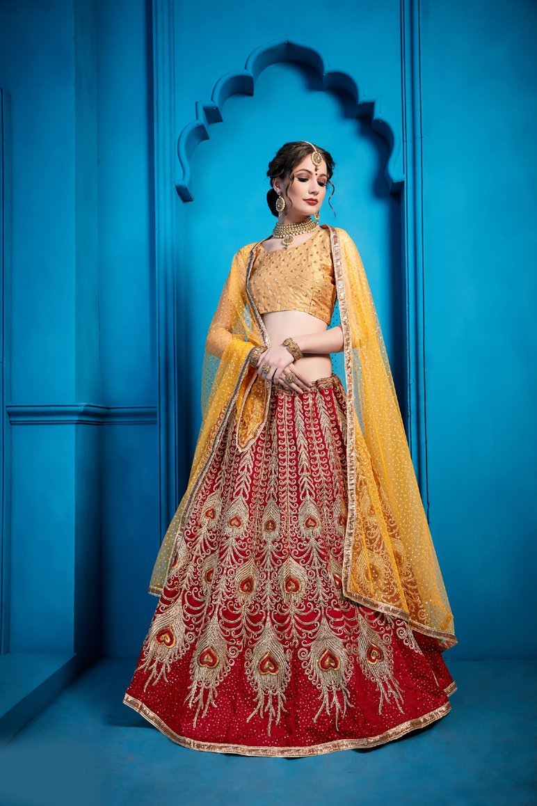 Awesome  Red & Yellow Lehenga Choli With Sequence, Thread Work For Party Wear Clothsvilla Main image