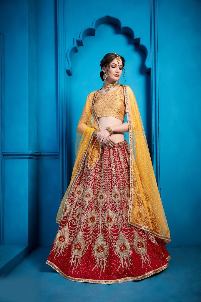 Awesome  Red & Yellow Lehenga Choli With Sequence, Thread Work For Party Wear Clothsvilla