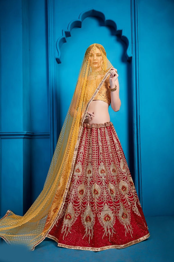 Awesome  Red & Yellow Lehenga Choli With Sequence, Thread Work For Party Wear Clothsvilla