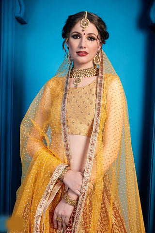 Awesome  Red & Yellow Lehenga Choli With Sequence, Thread Work For Party Wear Clothsvilla