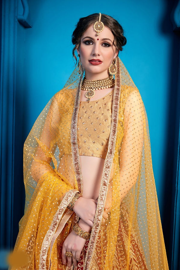 Awesome  Red & Yellow Lehenga Choli With Sequence, Thread Work For Party Wear Clothsvilla